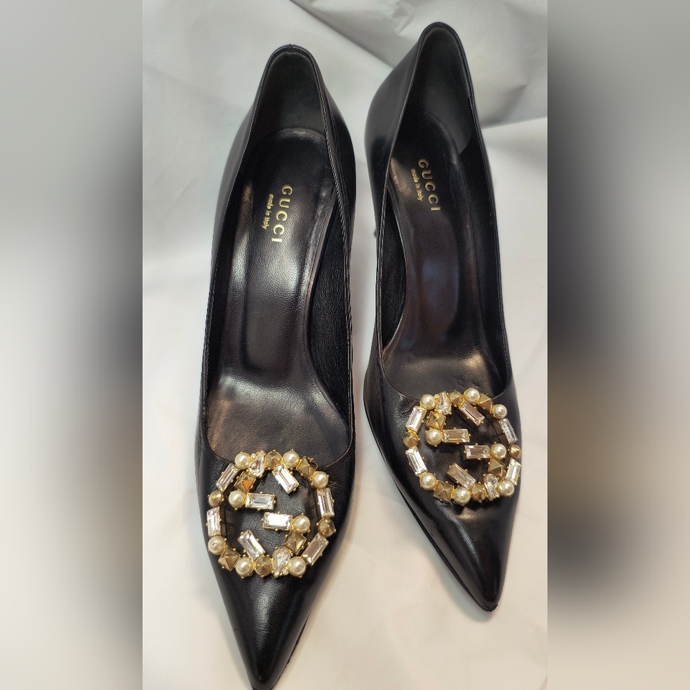 GUCCI Black Heels with Gold & Crystal Accents, Size 36